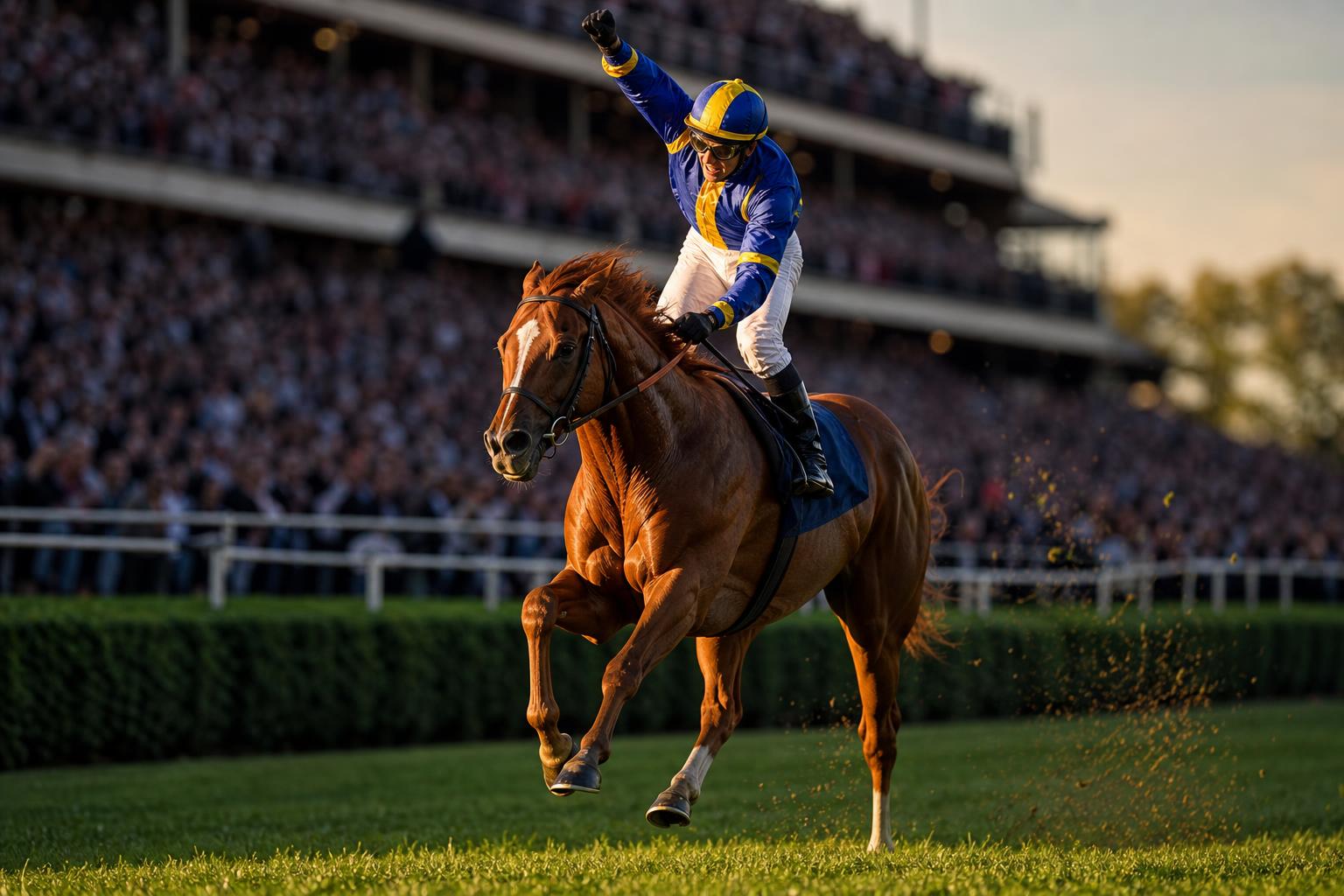 Chestnut racehorse winning at the finish post, jockey raising arm in victory